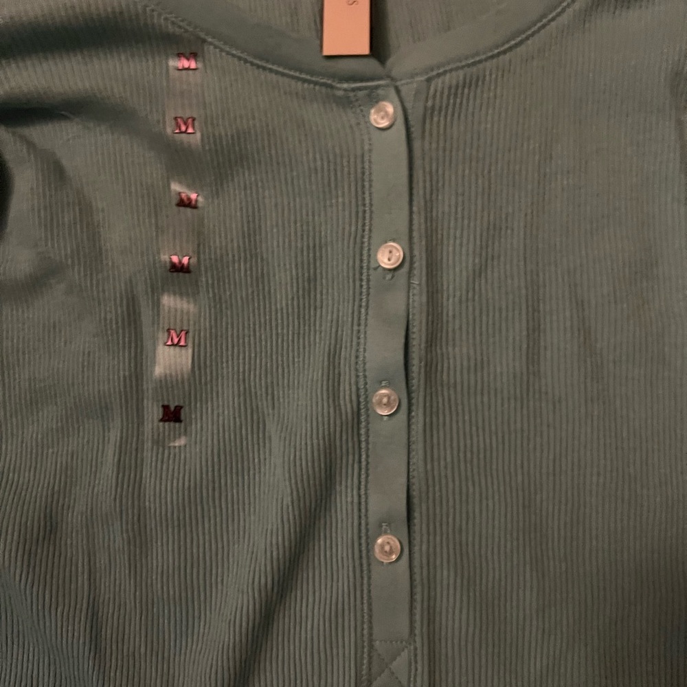 Victoria Secret Pajama Shirt Top Green Long Sleeve Ribbed, sz M - Picture 3 of 8